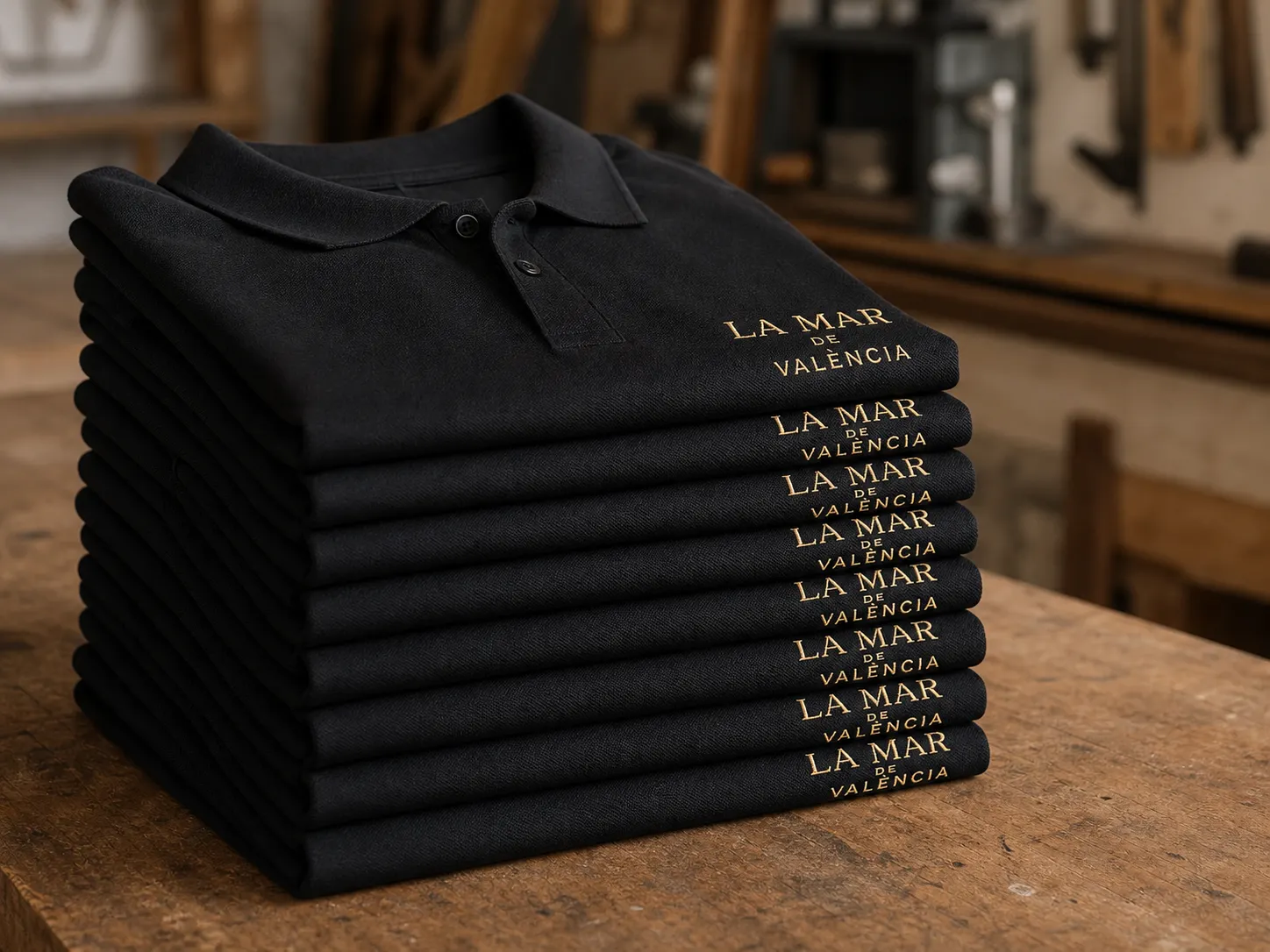 Pila de camisetas negras con logo bordado para uniforme de bar