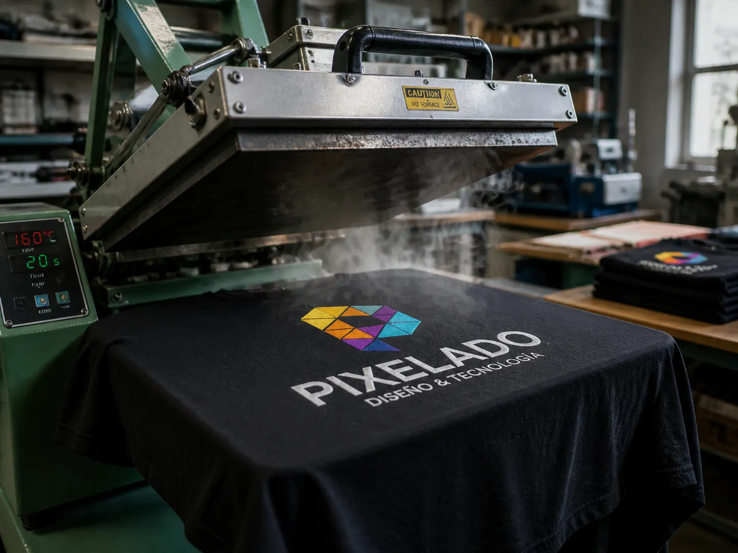 Prensa térmica transfiriendo diseño DTF a camiseta